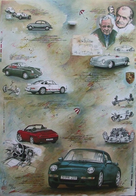 Porsche  - Farblithographie von Dieter Portugall ... in der Galerie Conrad