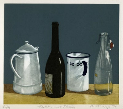Stillleben mit Flaschen - Farbradierung von Michael Renninger ... in der Galerie Conrad