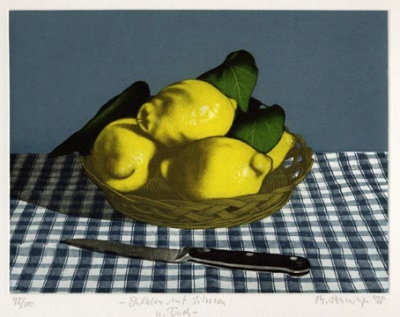 Stillleben mit Zitronen - Farbradierung von Michael Renninger ... in der Galerie Conrad