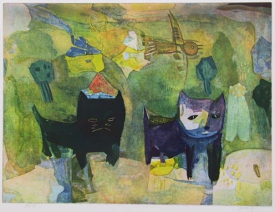 Zwei Katzen verlassen das Dorf - Farbradierung von Yoshi Takahashi ... in der Galerie Conrad 